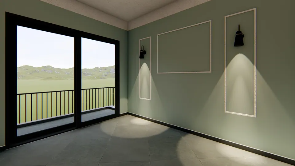 Rendered empty room with sage-green panelled walls, wall lights and a sliding door to a balcony facing the hills