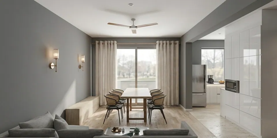 Rendered dining area: a long timber table with cane chairs before a curtained window, with the kitchen units to the right