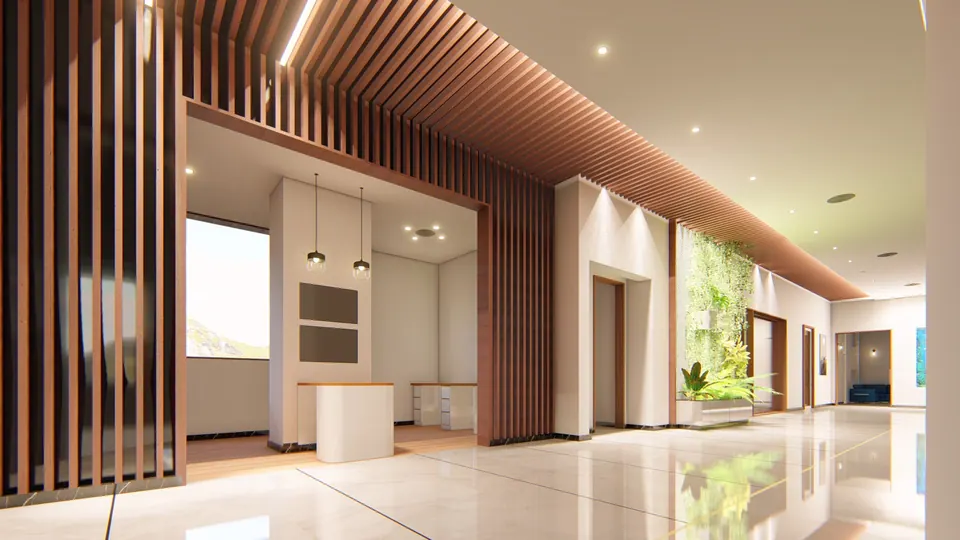 Rendered lobby with a timber slatted screen and ceiling, a white counter under pendants, a planted wall and a glossy floor