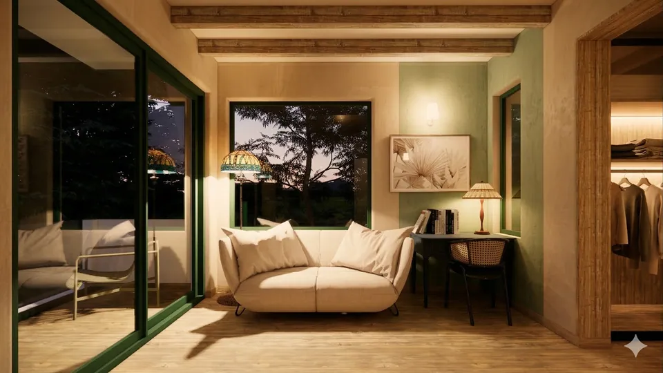 Rendered sitting area in the main bedroom: a cream sofa under a window, a desk with a cane chair and a walk-in wardrobe