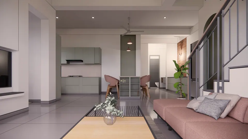 Rendered living area with a pink sofa and coffee table, the kitchen and dining beyond and the stair at right