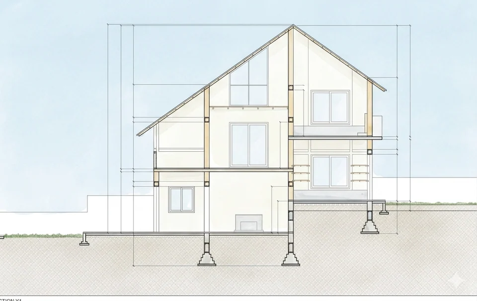 Watercolour-style cross-section through the gabled house showing three levels, windows and footings