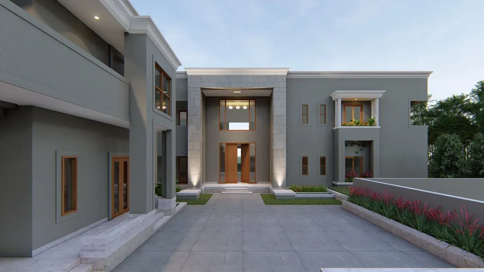 Rendered grey house with a stone-clad double-height entrance portal, timber doors and a paved forecourt with a red-flowering planter