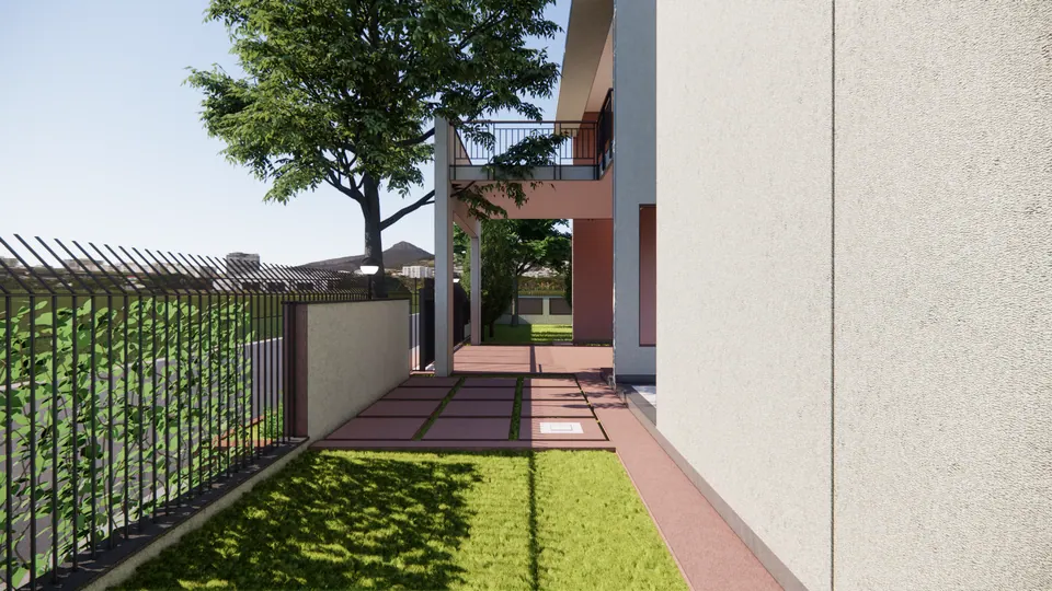 Rendered side garden path between a lawn strip and a planted trellis fence, beside the white wall of the house