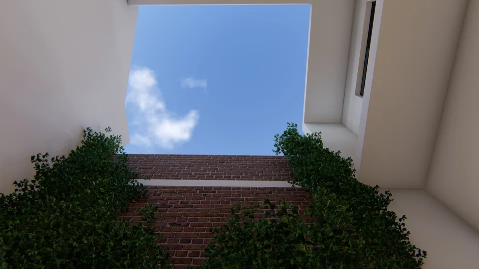 Rendered view up from a planted court to the open sky between white walls and a brick parapet