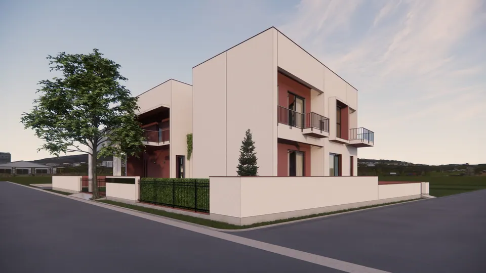 Rendered corner view of the house: white cubic volumes, terracotta-red recesses, metal balconies and a hedged boundary wall