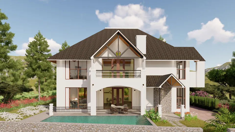 Rendered view across the pool to the arched loggia, the railed balcony and the timber gable with a round window