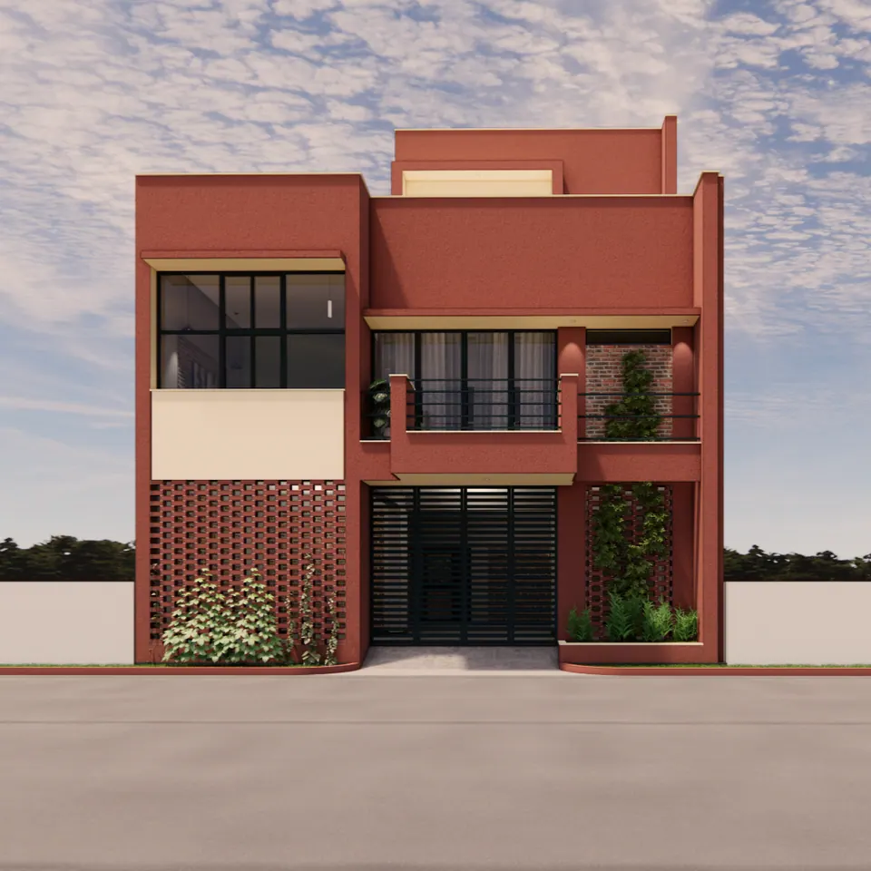 Rendered street elevation: a three-storey terracotta-red house with brick jali screens, black-framed glazing and climbers