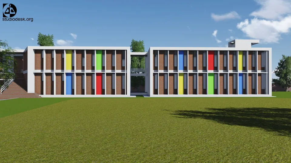 Rendered two-storey classroom wings across a lawn: white frames, brick piers and red, yellow, green and blue panels