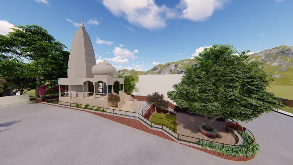 Rendered temple with a white shikhara beside a tree platform and planted slope, hills behind