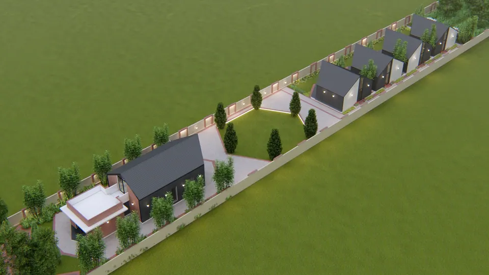 Rendered aerial of the long site: a row of black gabled pavilions along the boundary, lawns and a flat-roofed block