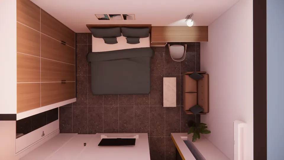 Rendered top-down cutaway of a hostel room with double bed, full-height wardrobe, desk and a small sofa
