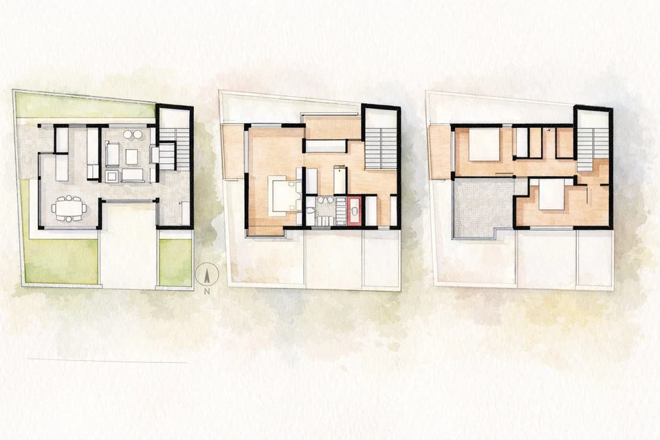 Watercolour-style plans of three floors: living and dining with a garden, a bedroom floor, and a top floor with two rooms and a terrace