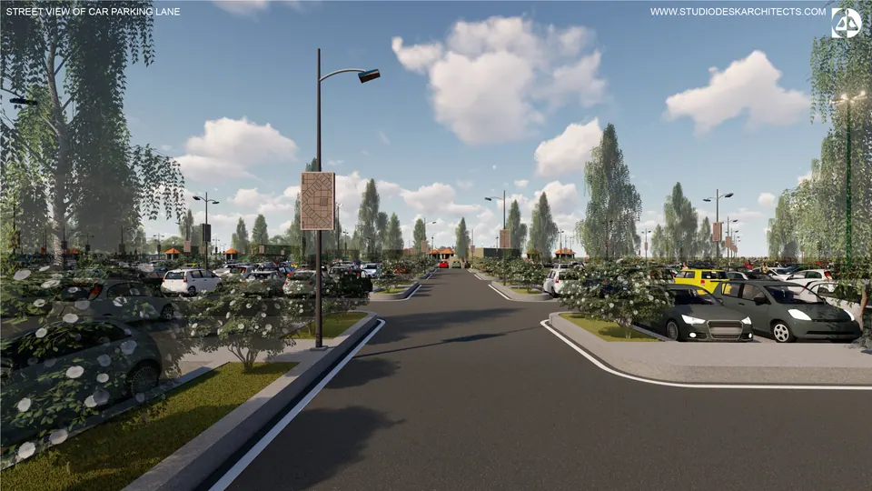 Rendered street view down a car parking lane lined with trees and street lamps