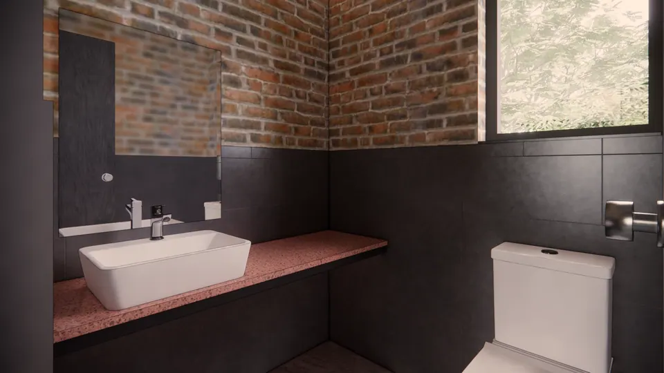 Rendered bathroom with a white basin on a terrazzo counter, dark wall tiles, a window and brick walls above