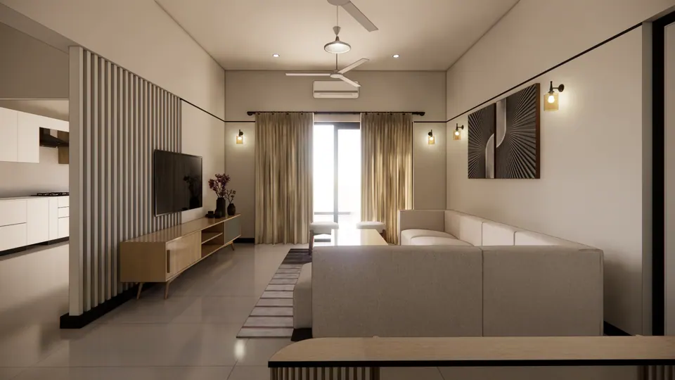 Rendered living room looking towards curtained glazed doors, with the TV on a slatted screen and the kitchen glimpsed at left