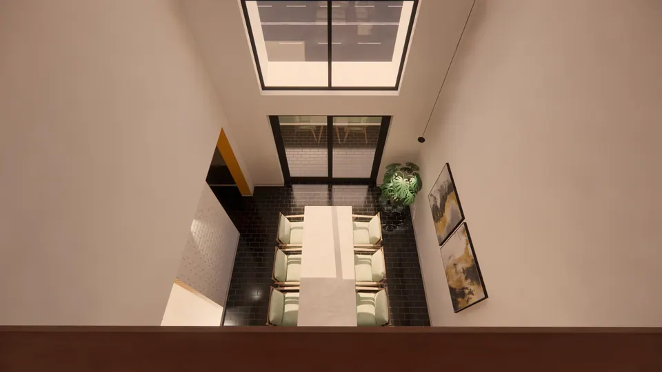 Rendered view down from the gallery onto the dining table, with a skylight and gold prints on the wall