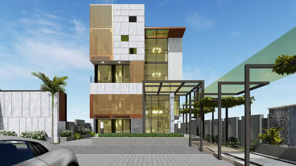 Rendered street front with copper screens and glazing, a steel pergola, palms and a parked car