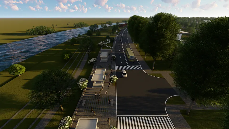 Rendered aerial of a riverside road with a bus shelter, a broad promenade and crossings, at dusk