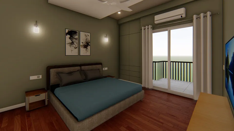 Rendered sage-green bedroom with a timber floor, a double bed, two abstract prints and a glazed balcony door