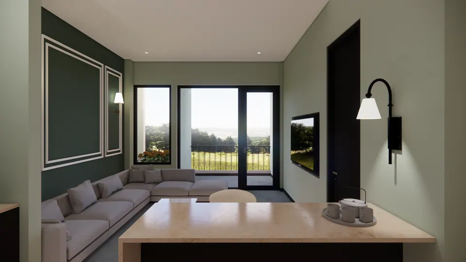 Rendered living room: dark green walls with white moulded panels, a grey sectional sofa, a marble counter and doors to a balcony