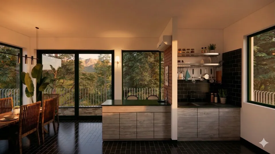 Rendered kitchen and dining room: black wall tiles, open shelves, a timber table and corner glazing onto trees