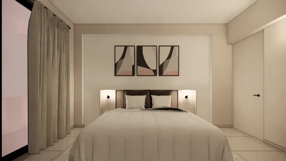 Rendered bedroom facing the bed: a padded headboard with reading lights, three abstract prints and a sliding wardrobe