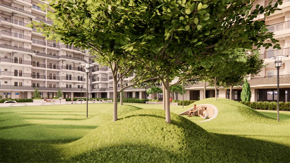 Rendered grassy mounds under trees with a sunken seat and figures resting, blocks in the background