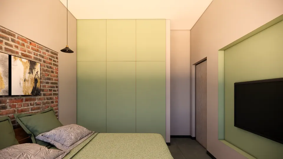 Rendered bedroom with pale green wardrobes, an exposed-brick wall behind the bed and a TV in a green-framed niche