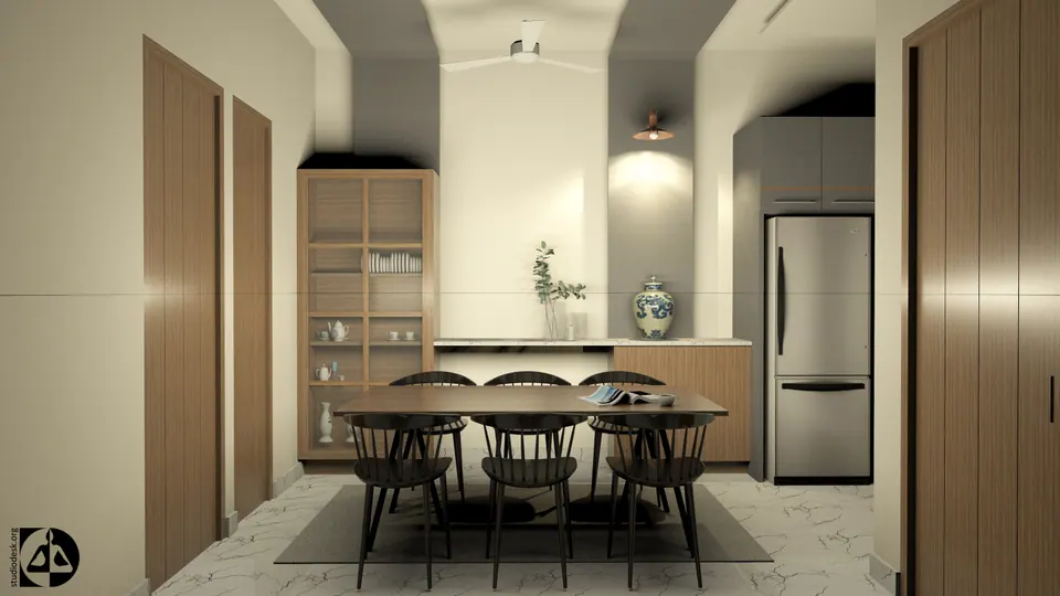 Rendered dining area with black chairs at a timber table, a crockery unit and a steel fridge, tall timber doors