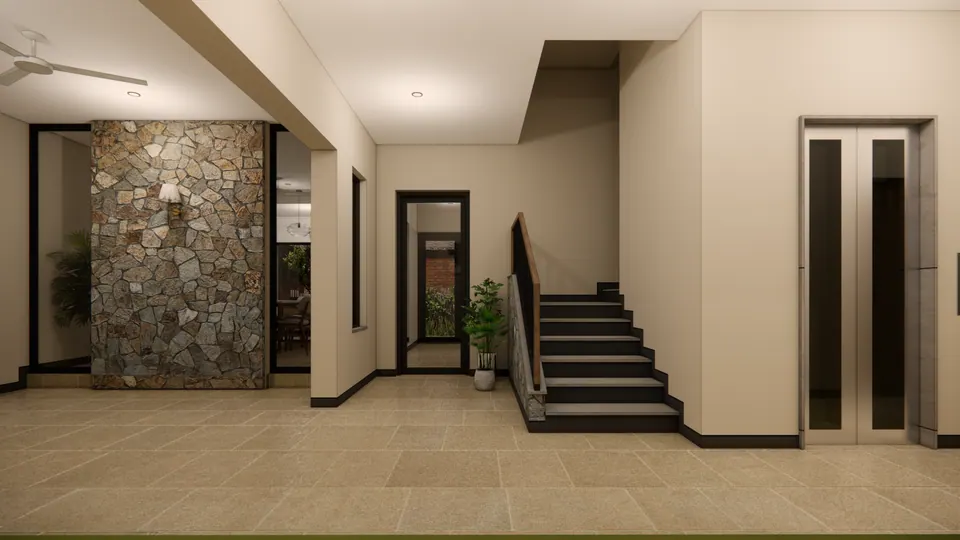 Rendered hall with the stone feature wall, the stair rising beside it and a lift with glazed doors