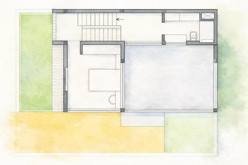 Watercolour-style second floor plan: the stair, a room with a bathroom and a large open terrace