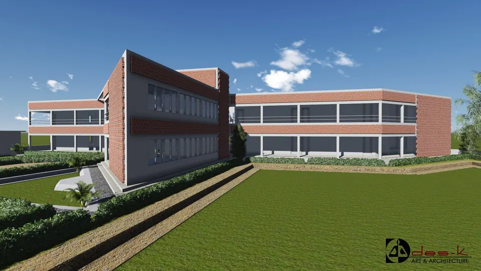 Rendered two-storey school wing in exposed brick and grey render, with long ribbon windows, set behind a terraced lawn
