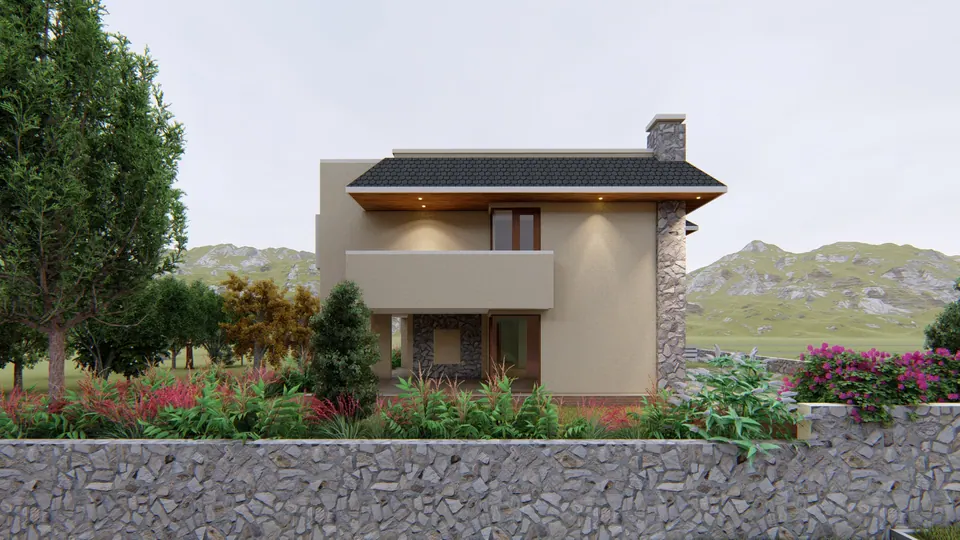 Rendered side elevation: a two-storey wing with a stone chimney, a deep balcony and a garden of red and pink flowers
