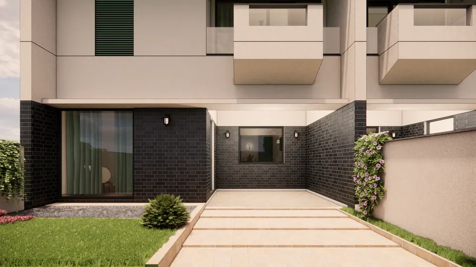Rendered entrance court: dark glazed-brick walls at ground level, a sliding glass door, pale paving and a climber on the side wall