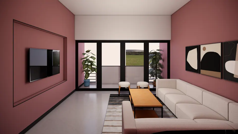 Rendered lounge with dusky pink walls: a TV in a recessed panel, a white sectional sofa, a timber coffee table and glazed doors to a balcony