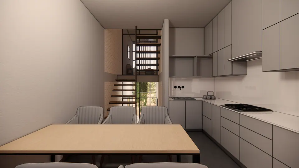 Rendered dining table with grey chairs before an L-shaped kitchen, the stair beyond