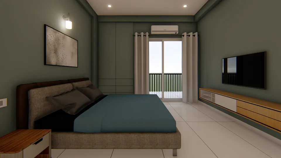 Rendered bedroom with sage walls, a double bed, a timber TV console and a glazed door to a balcony