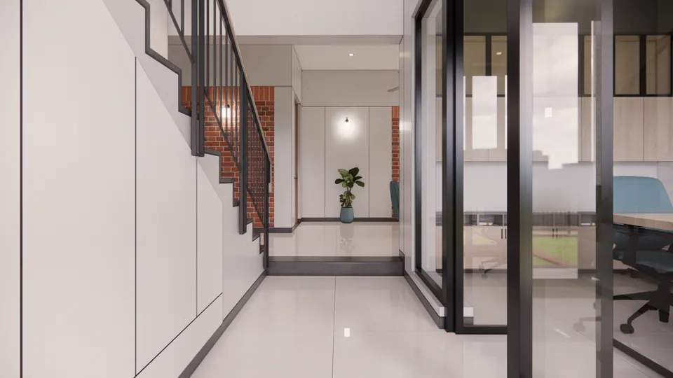 Rendered hall with a black steel stair railing and a glass-walled study beside it