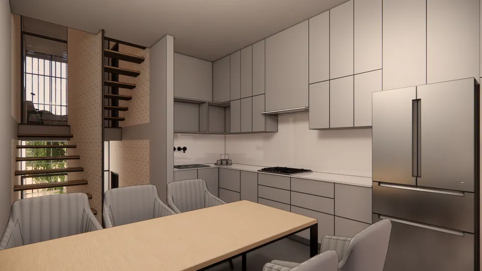 Rendered dining table and kitchen with a tall steel fridge, the stair and a window beyond