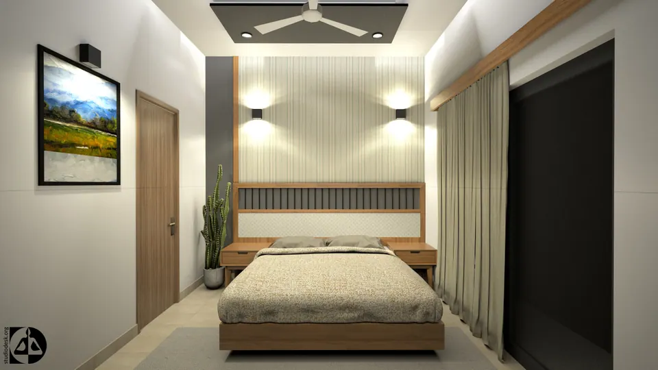 Rendered bedroom with a timber-framed bed, wall lights on a striped headboard wall and full-height curtains