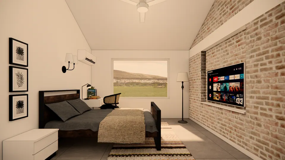 Rendered bedroom: a dark timber bed, three leaf prints, a TV set into an exposed-brick wall and a window onto fields