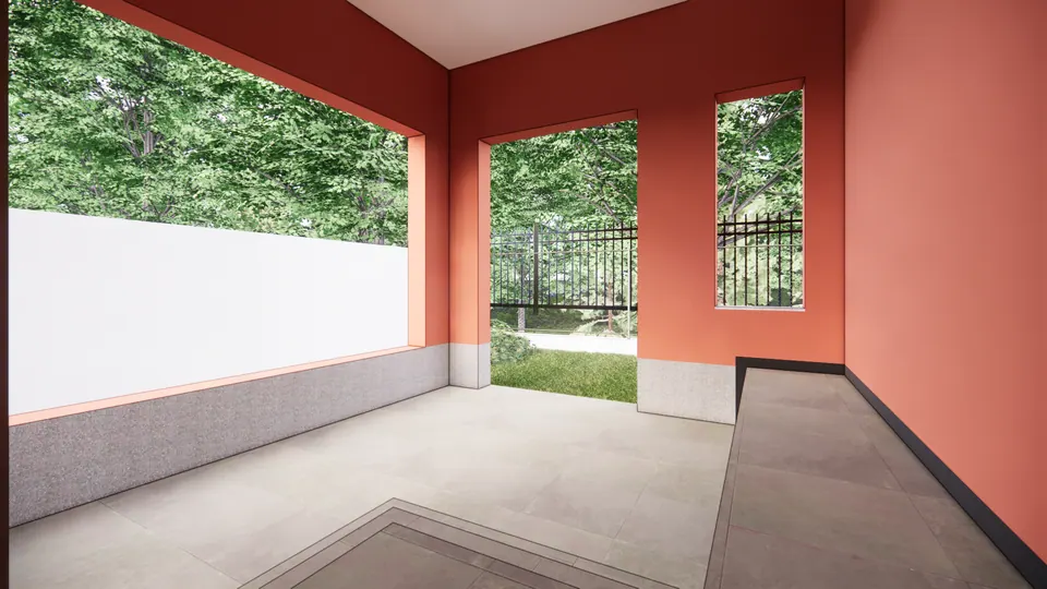 Rendered coral-framed covered terrace with large openings to the garden and a steel fence beyond