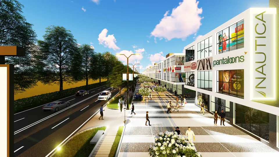 Rendered pedestrian street lined with shopfronts and a tall sign, a road and trees alongside