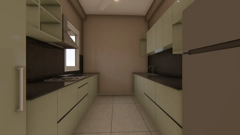 Rendered galley kitchen with pale sage cabinets, dark stone worktops and a window at the end