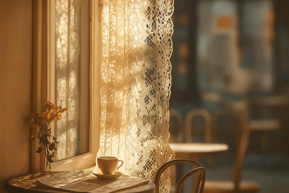 A cup of coffee on a small table by a window with lace curtains, in golden evening light, with dried flowers in a vase