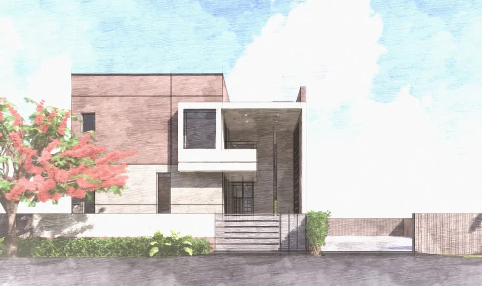 Sketch-style render of the street front: brick-clad and white volumes, a deep framed balcony, a low wall and a flowering tree
