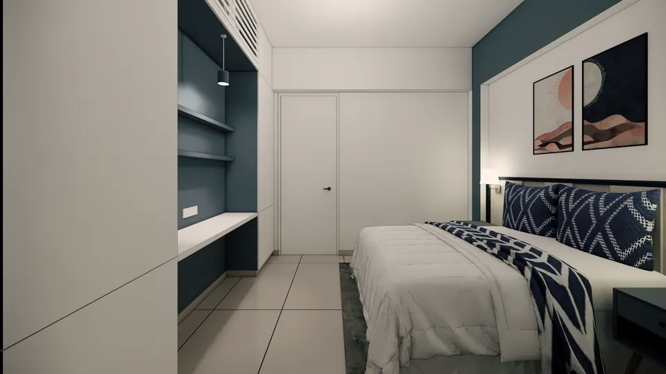 Rendered second bedroom: the bed with a patterned throw, moon prints on a teal wall and a built-in desk niche