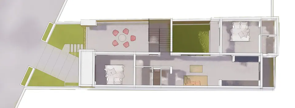 Rendered 3D first floor plan: bedrooms and a lounge around the open courtyard, with the stair at the centre