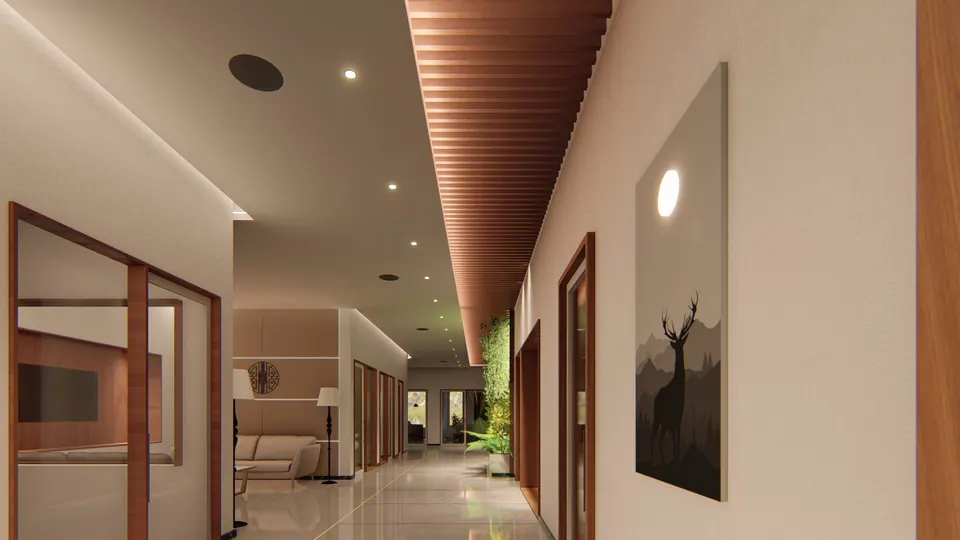 Rendered corridor under a timber slatted ceiling, lined with timber-framed glass cabin fronts and a planted wall